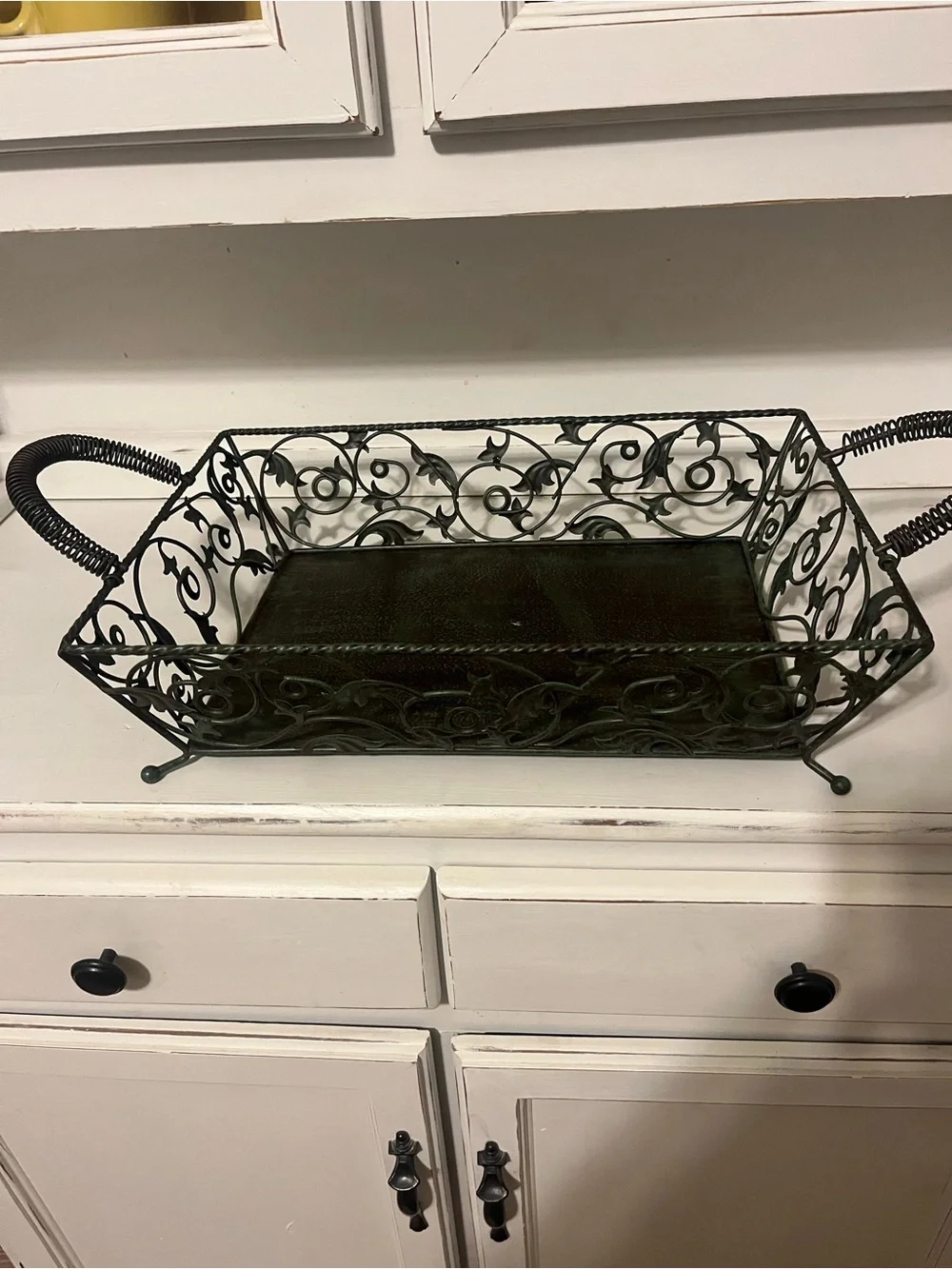 Dark Green Metal Serving Tray with Handles